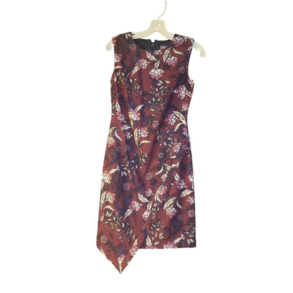Vince Camuto Dress Women Sz 2 Burgundy Asymmetric Floral Drape Party Cruise Core